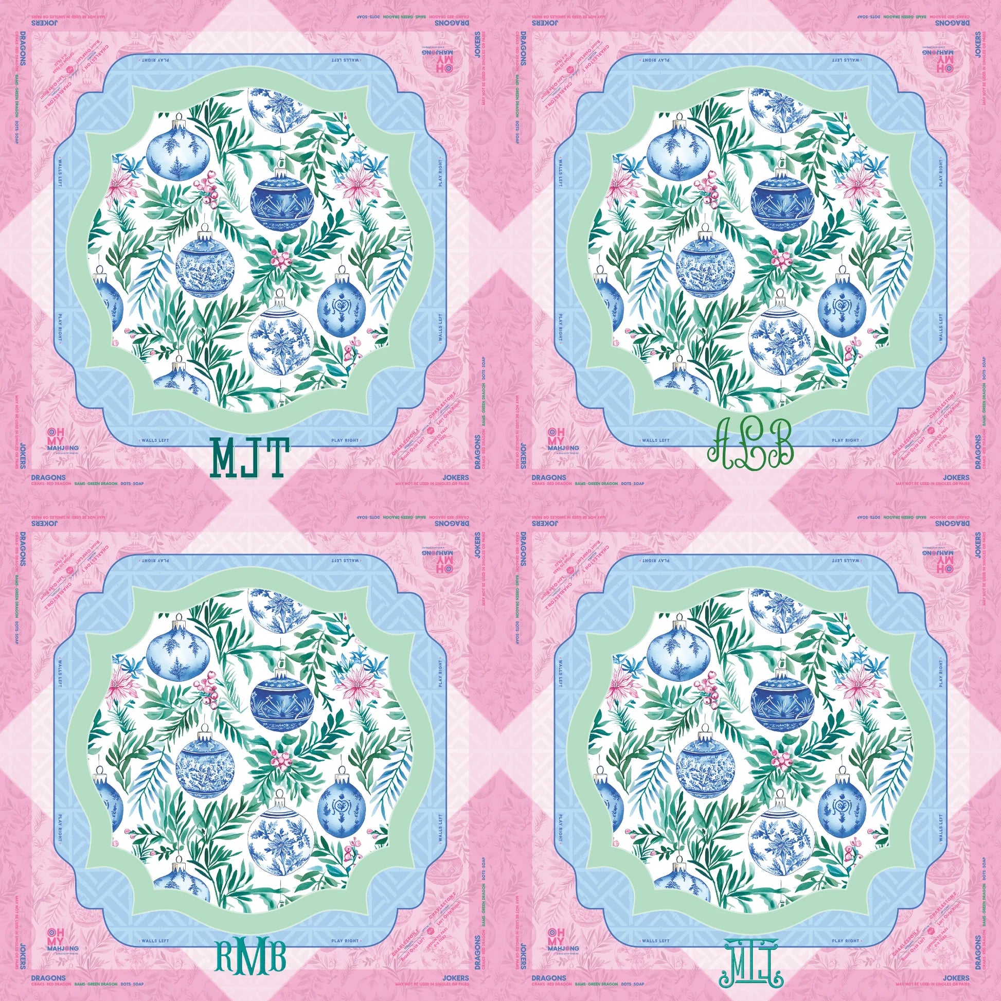 Four decorative plates with blue and green floral designs, each featuring different green initials (MJT, LSB, RMB, JML) at the bottom and surrounded by pink script borders. Available in standard size.