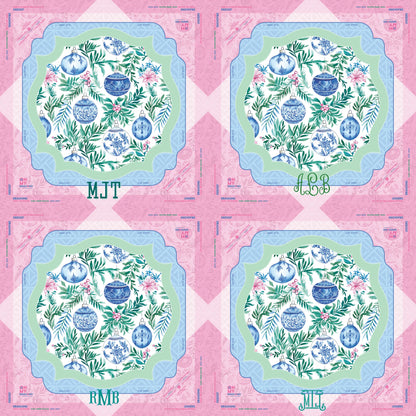 Four decorative plates with blue and green floral designs, each featuring different green initials (MJT, LSB, RMB, JML) at the bottom and surrounded by pink script borders. Available in standard size.