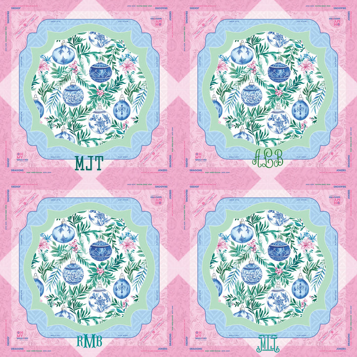 Four decorative plates with blue and green floral designs, each featuring different green initials (MJT, LSB, RMB, JML) at the bottom and surrounded by pink script borders. Available in standard size.
