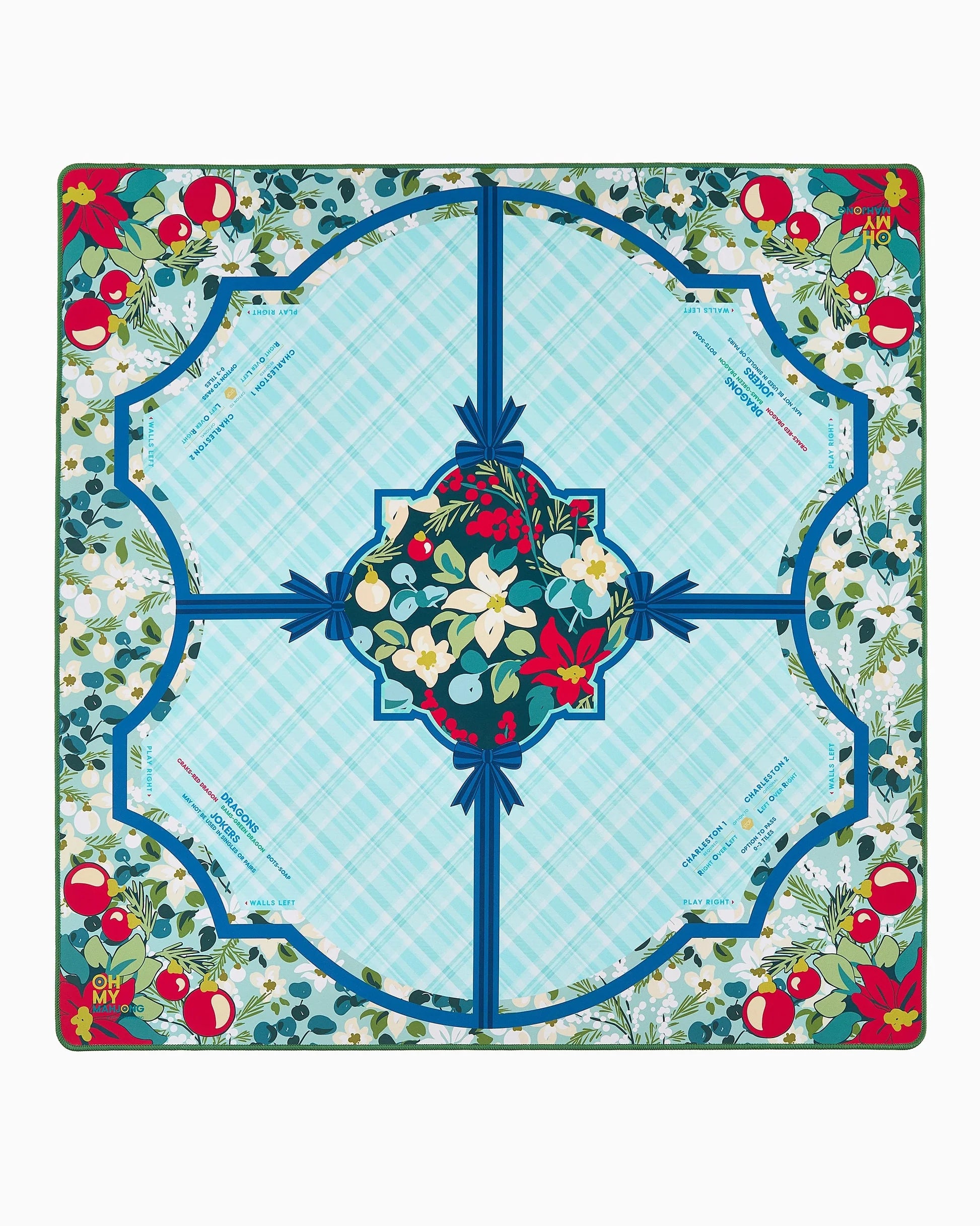 Square scarf with a blue plaid center, bordered by red, white, and green floral patterns, apples, white flowers, and green leaves. Blue lines divide the design into four sections. Available sizes: [not specified].