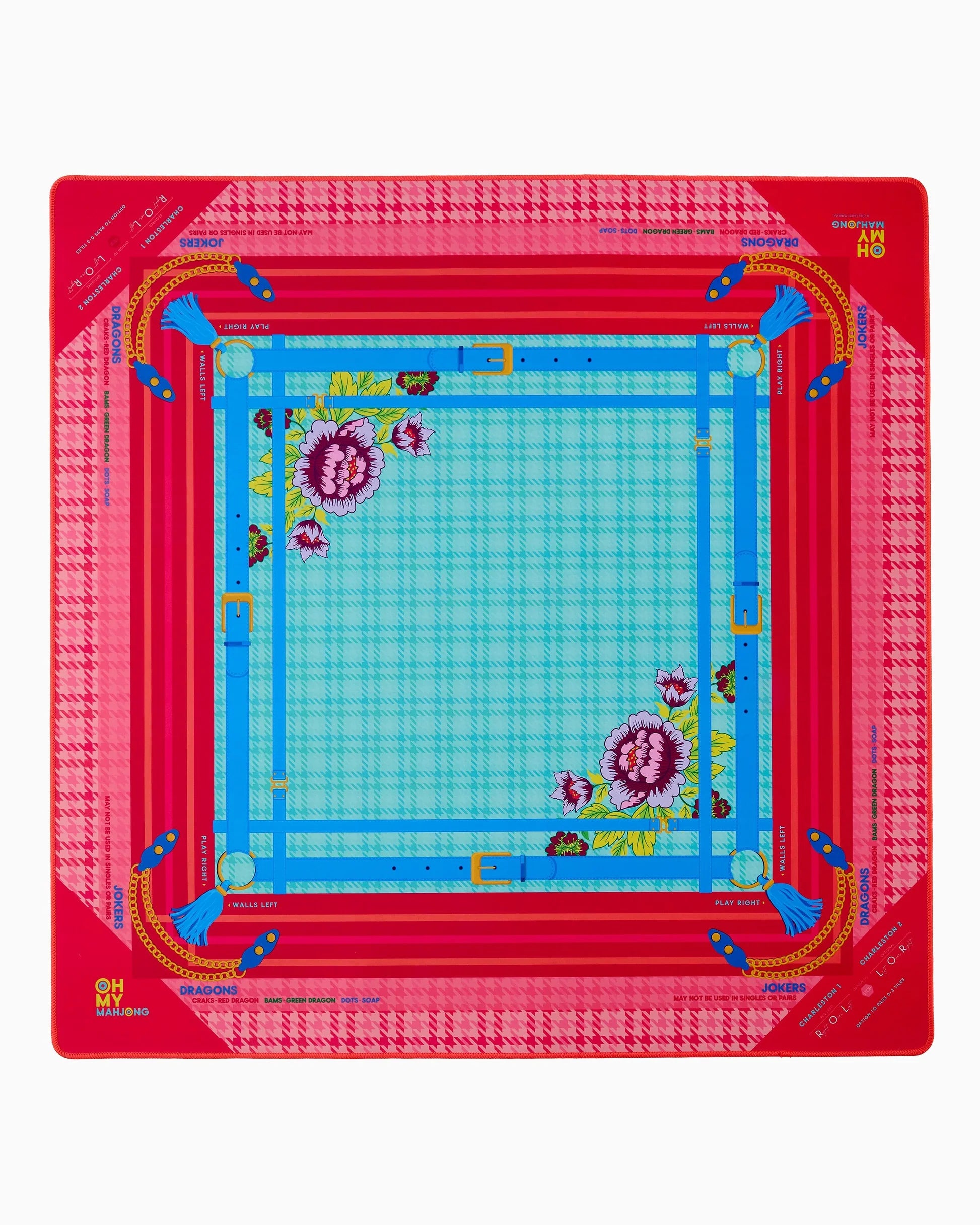 The Penelope Mat in Tube has a square design with a red and pink houndstooth border, blue plaid center, floral accents, and yellow and blue geometric lines. Available sizes: small, medium, large.