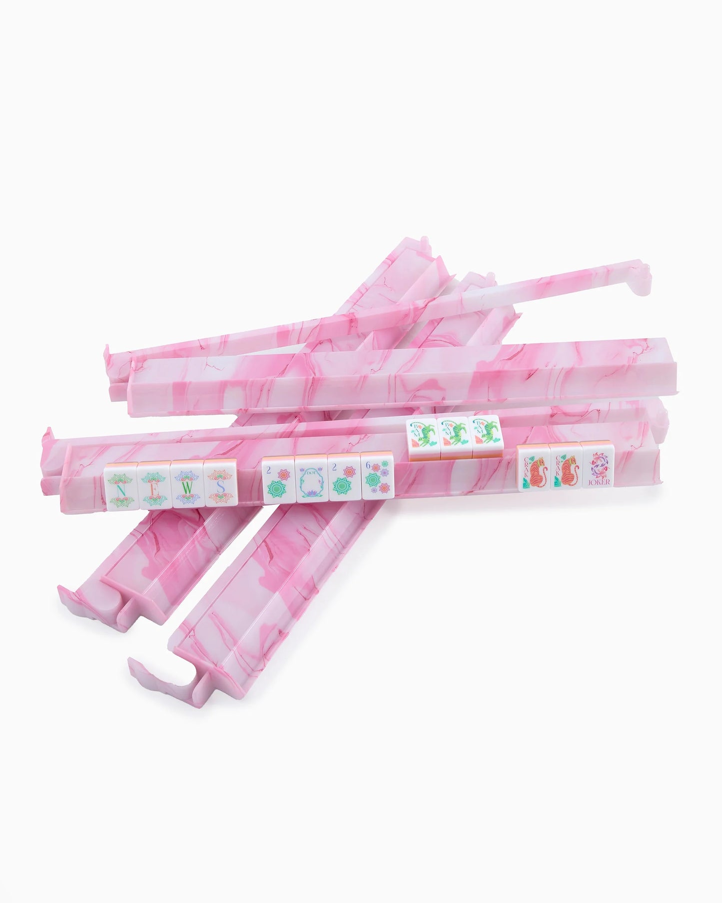 Five pink, marbled plastic Mahjong rack pushers with hooks and small square tiles featuring colorful animal and plant designs. Available in standard and large sizes.