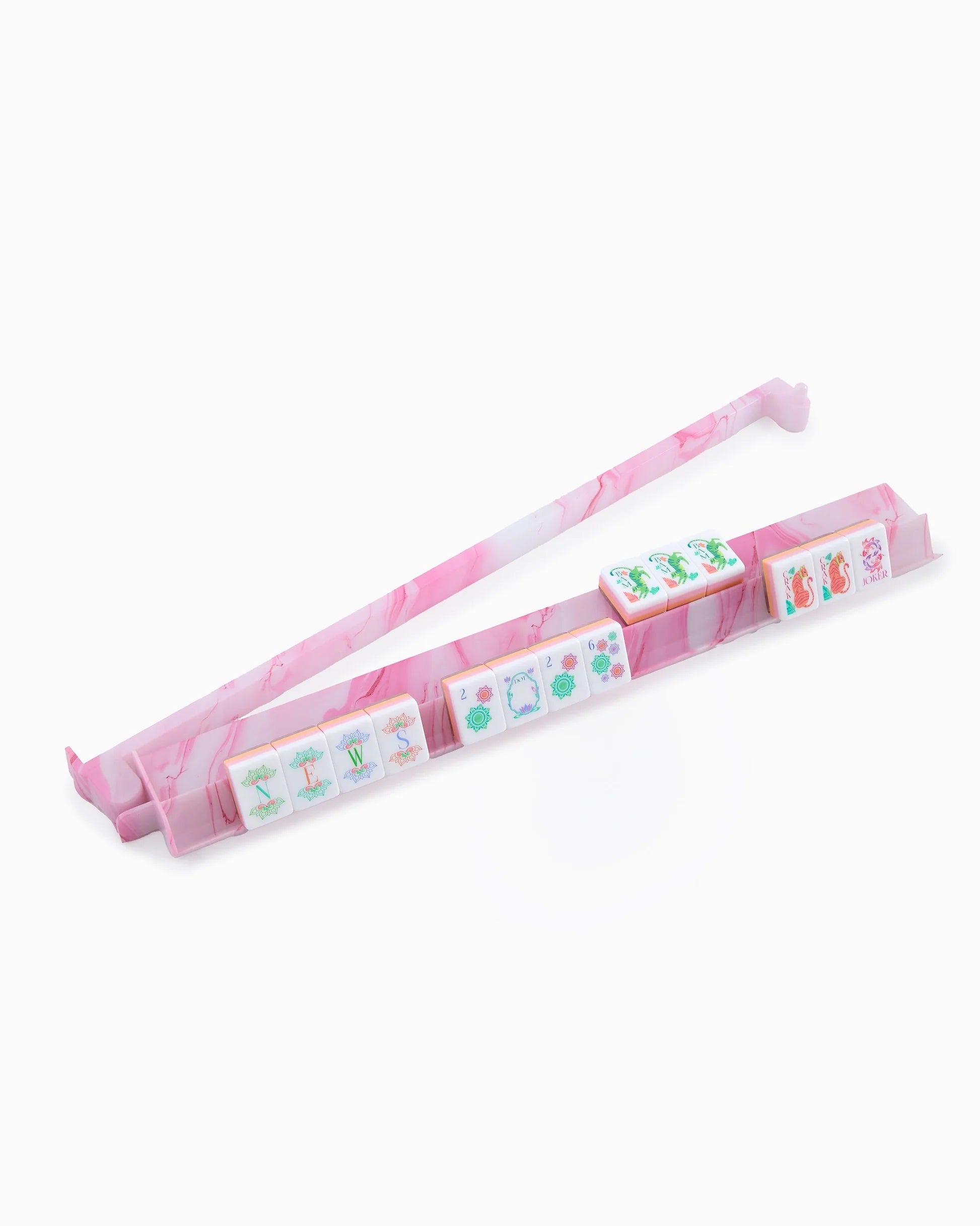 Pink marbled acrylic Mahjong Rack Pusher Set displayed with colorful mahjong tiles; empty matching rack above. Available in multiple sizes.