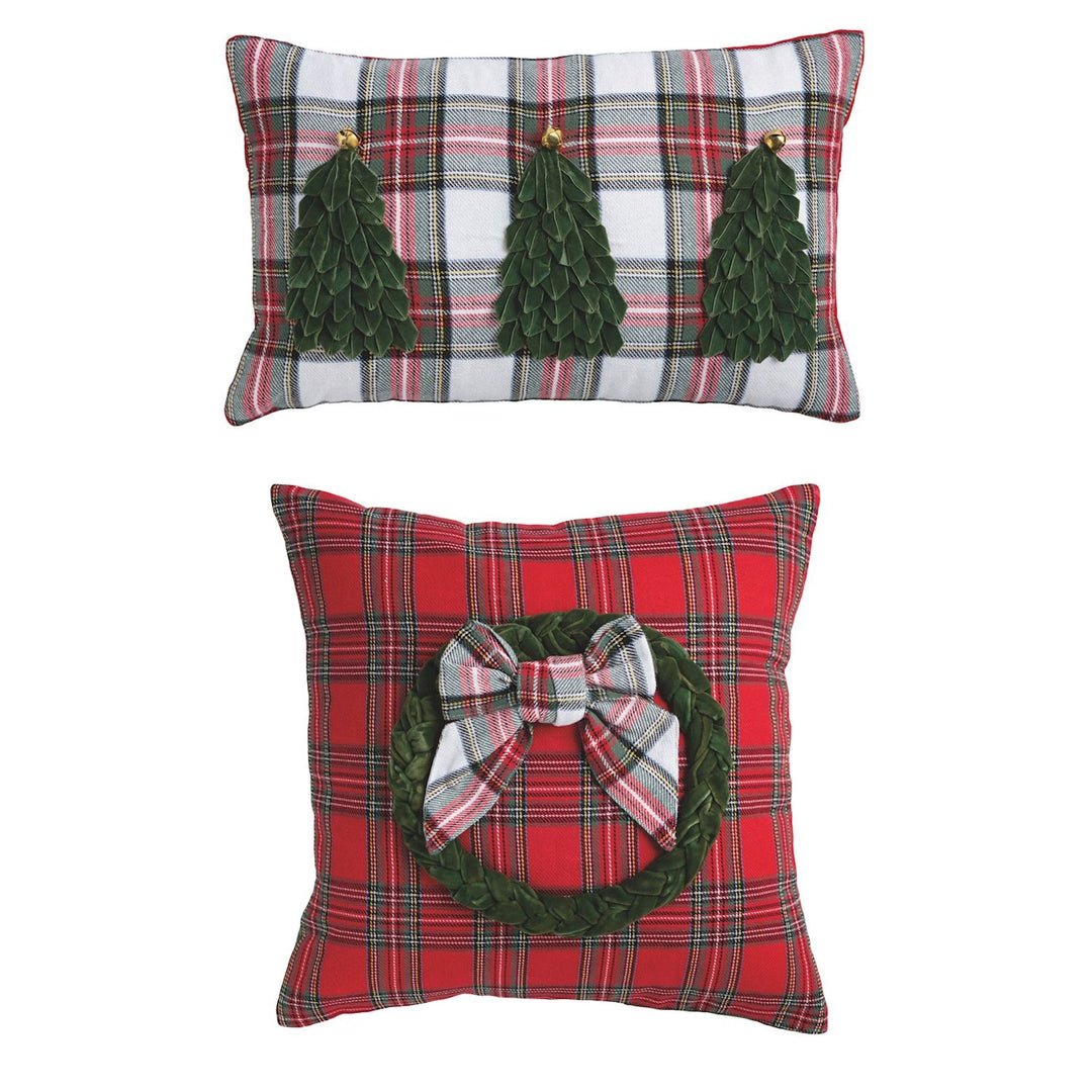 Velvet Tartan Pillows: one rectangular pillow with three tiered fabric Christmas trees and one square plaid pillow with a velvet appliqué wreath and bow.