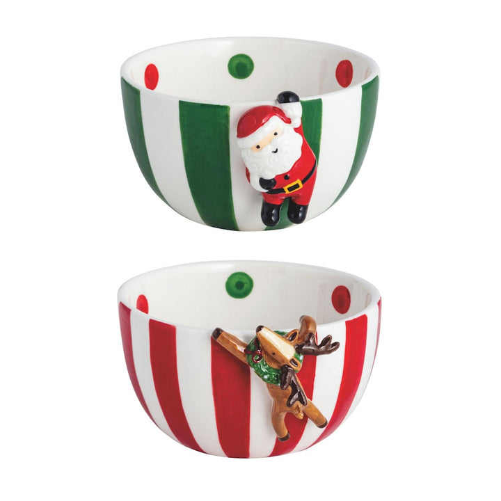 Two Hanging Candy Tidbit Bowls with hand-painted stripes and dots, featuring a Santa Claus and a reindeer.