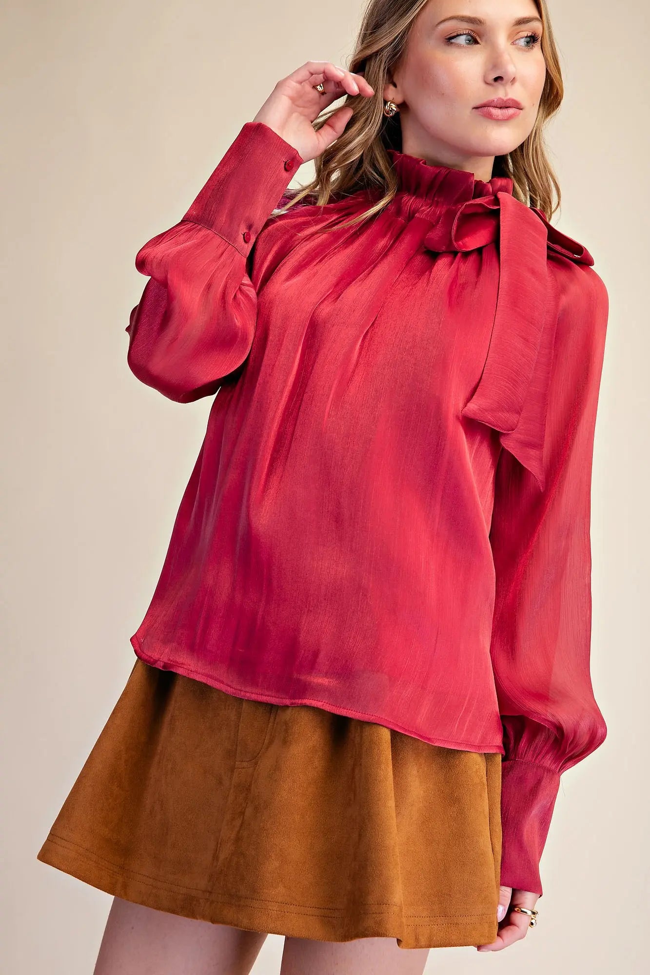 Red Ruffle Neck Adjustable Tie Long Sleeve Blouse, available in sizes XS-XL.