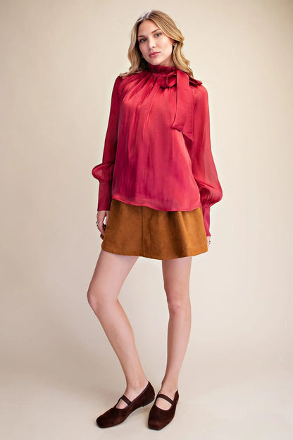 Ruffle Neck Adjustable Tie Long Sleeve Blouse in red, available in sizes XS-XL.
