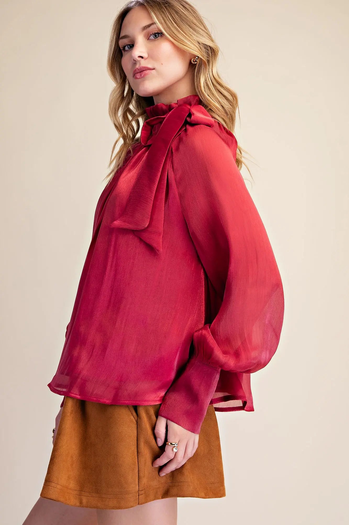 Ruffle Neck Adjustable Tie Long Sleeve Blouse, available in sizes XS-XL.
