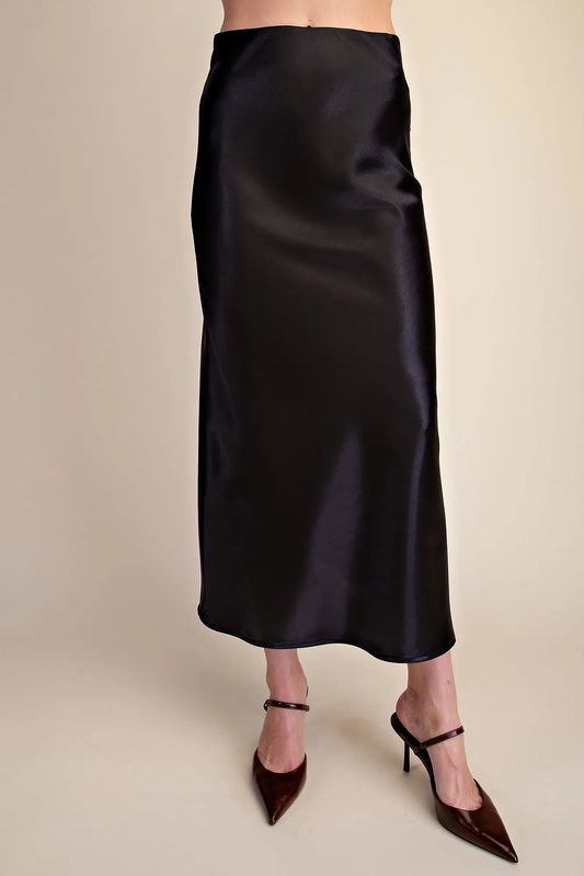 Glitter Midi Skirt in shiny black satin with an elegant elastic waist; available in sizes XS–XL.