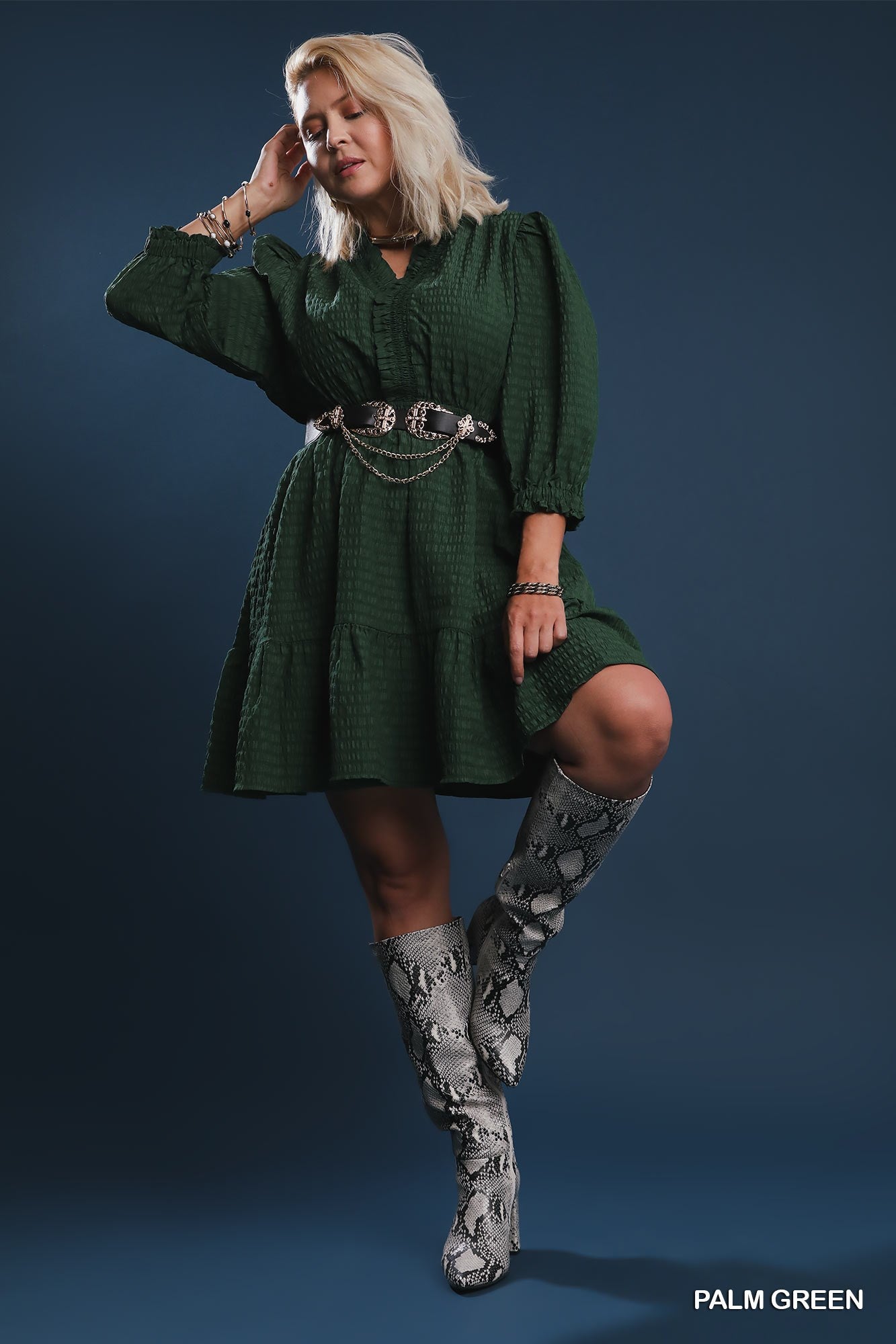 Palm Green Babydoll Dress with belted waist. Available in sizes XS-XL. "PALM GREEN" text is visible in the corner.