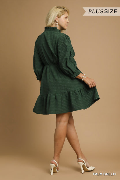 Palm Green Babydoll Dress with long sleeves and ruffled hem; available in plus sizes.