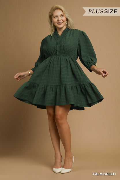 Palm Green Babydoll Dress with puffed three-quarter sleeves, flared skirt. Plus sizes available. Part of the fall collection.