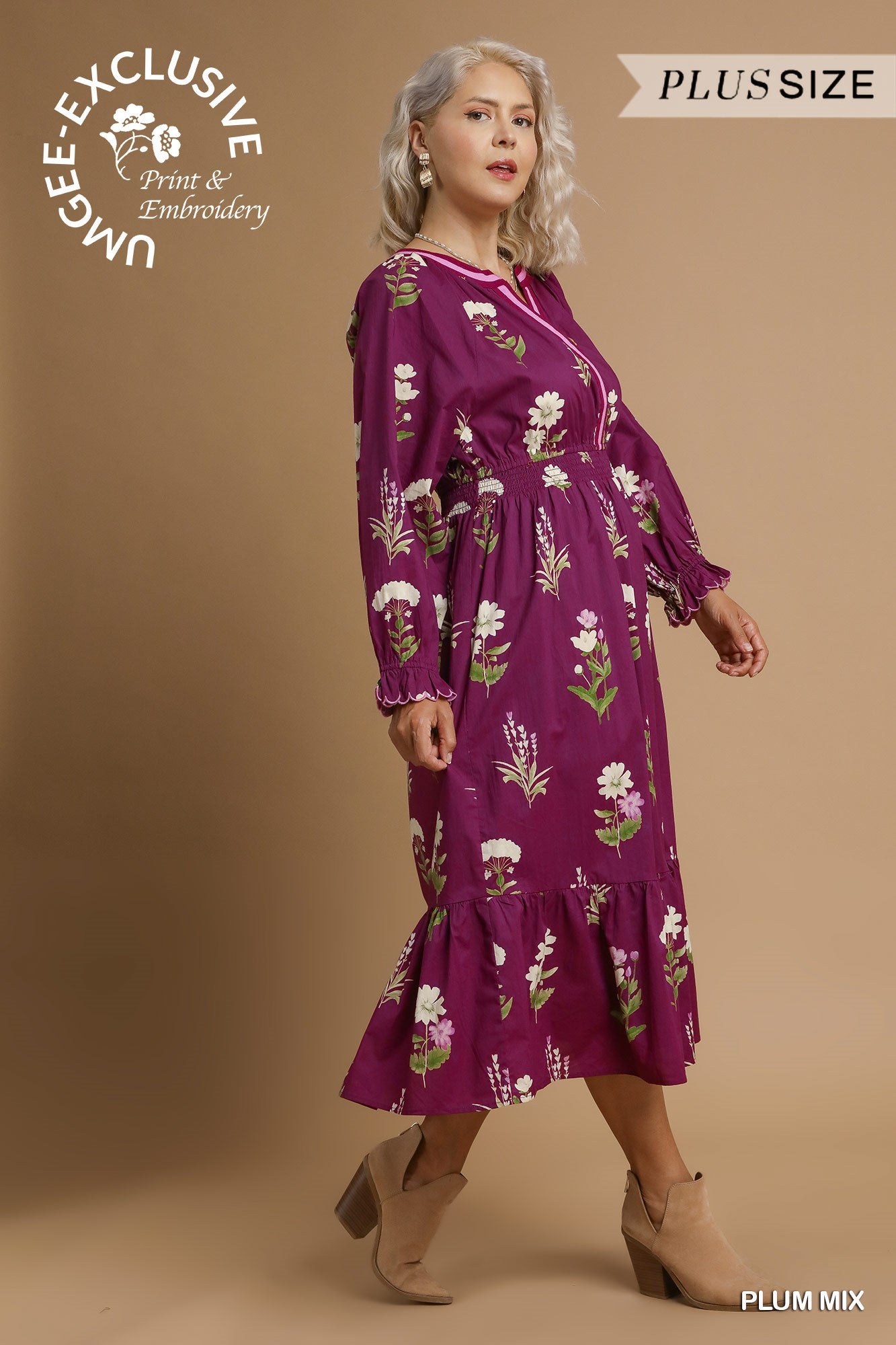 Plum Floral Mix Dress with long sleeves, floral print and embroidery. Plus sizes available: 1X–3X.