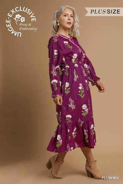 Plum Floral Mix Dress with long sleeves, floral print and embroidery. Plus sizes available: 1X–3X.