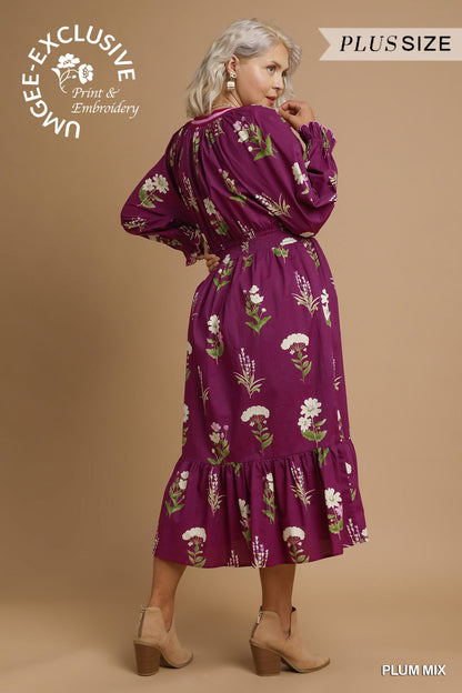Plum Floral Mix Dress, plus size, long sleeves, ruffled hem. Available in sizes 1X-3X. GeeGee Exclusive.
