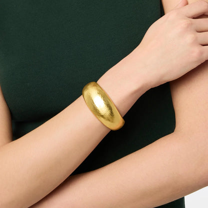 Julie Vos Cantalina Statement Hinge Bangle: wide, shiny gold bracelet with delicate geometric piercework. Available in S, M, L.