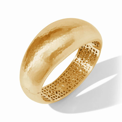 Julie Vos Cantalina Statement Hinge Bangle: wide gold bracelet with hand-hammered exterior and geometric piercework floral interior. Available in small, medium, and large sizes.