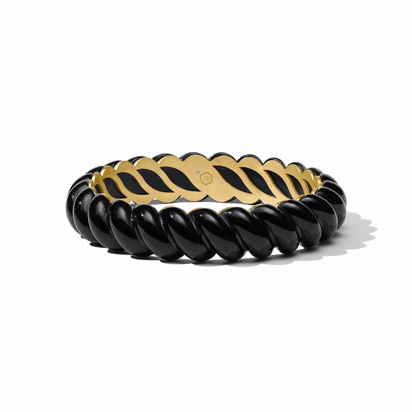 Glossy, chunky black resin bangle with twisted segments, 24K gold-plated interior, and bold chain link design. Available in S/M and M/L sizes.