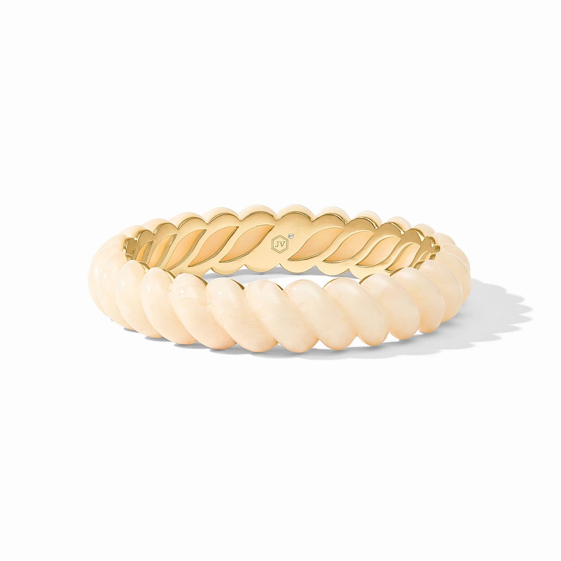 Gold and cream twisted bracelet with a shiny 24K gold-plated finish, inspired by Julie Vos. Available in multiple sizes.