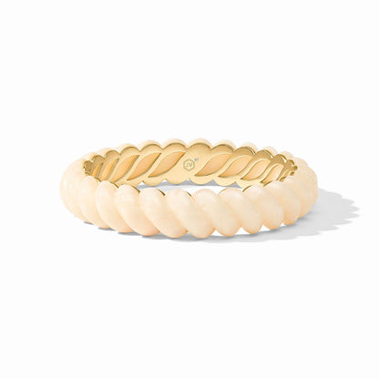 Gold and cream twisted bracelet with a shiny 24K gold-plated finish, inspired by Julie Vos. Available in multiple sizes.