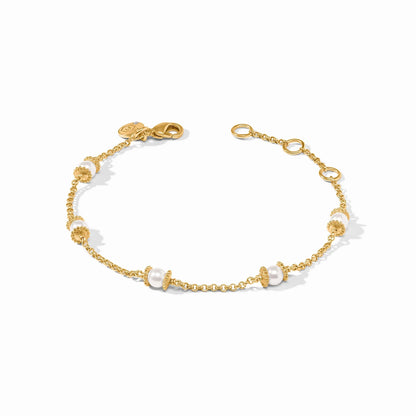 Gold Venetian box chain bracelet with four pearl-like beads, textured gold accents, lobster clasp, and three adjustment rings for adjustable fit. Sizes available.