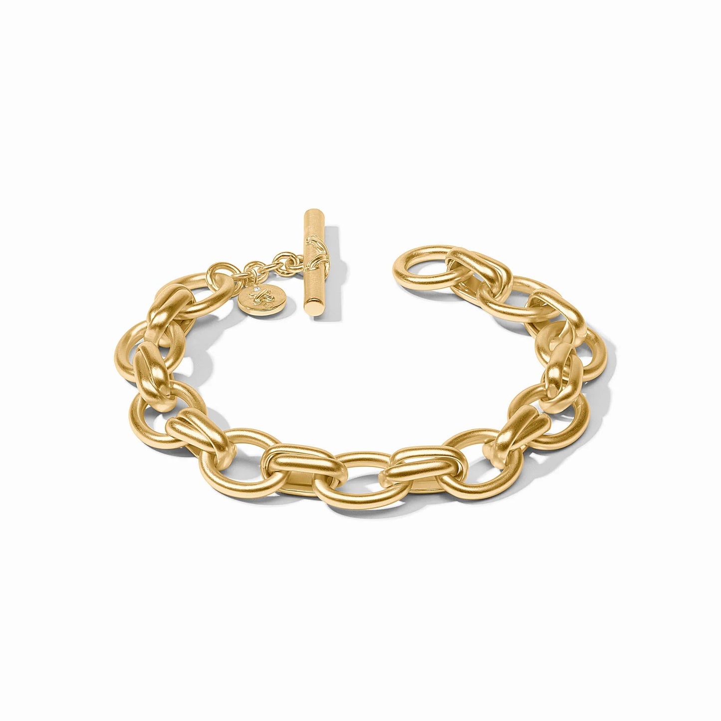 Julie Vos Essex Link Bracelet in 24K gold plate with toggle clasp and small round charm; features elegant gold chain links. Sizes available: S, M, L.