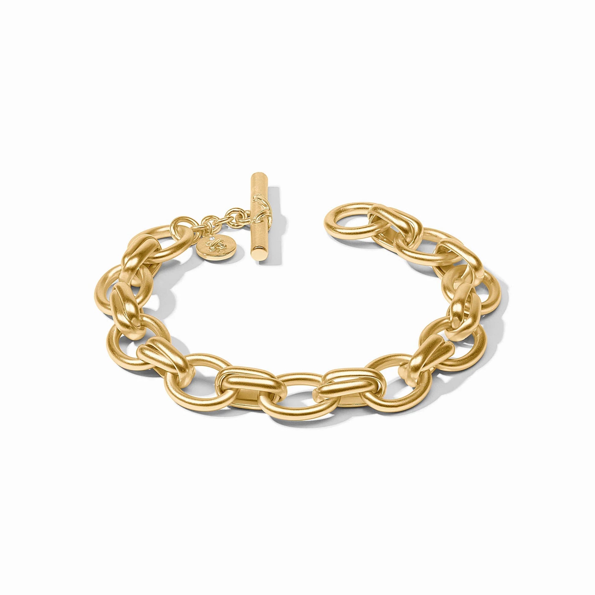 Julie Vos Essex Link Bracelet in 24K gold plate with toggle clasp and small round charm; features elegant gold chain links. Sizes available: S, M, L.