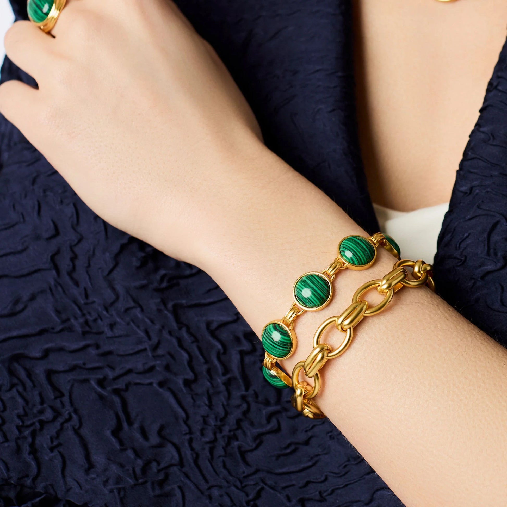 Essex Link Bracelet by Julie Vos: 24K gold plate with green stone accents. Available in medium and large sizes.