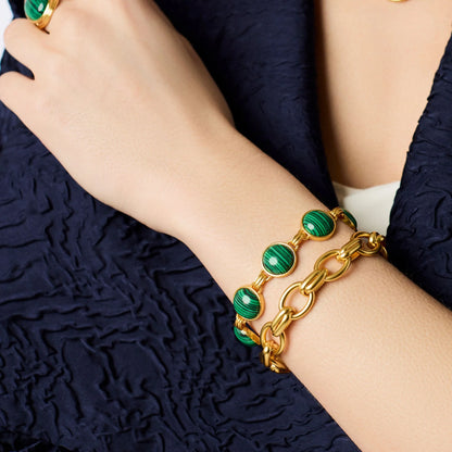Essex Link Bracelet by Julie Vos: 24K gold plate with green stone accents. Available in medium and large sizes.