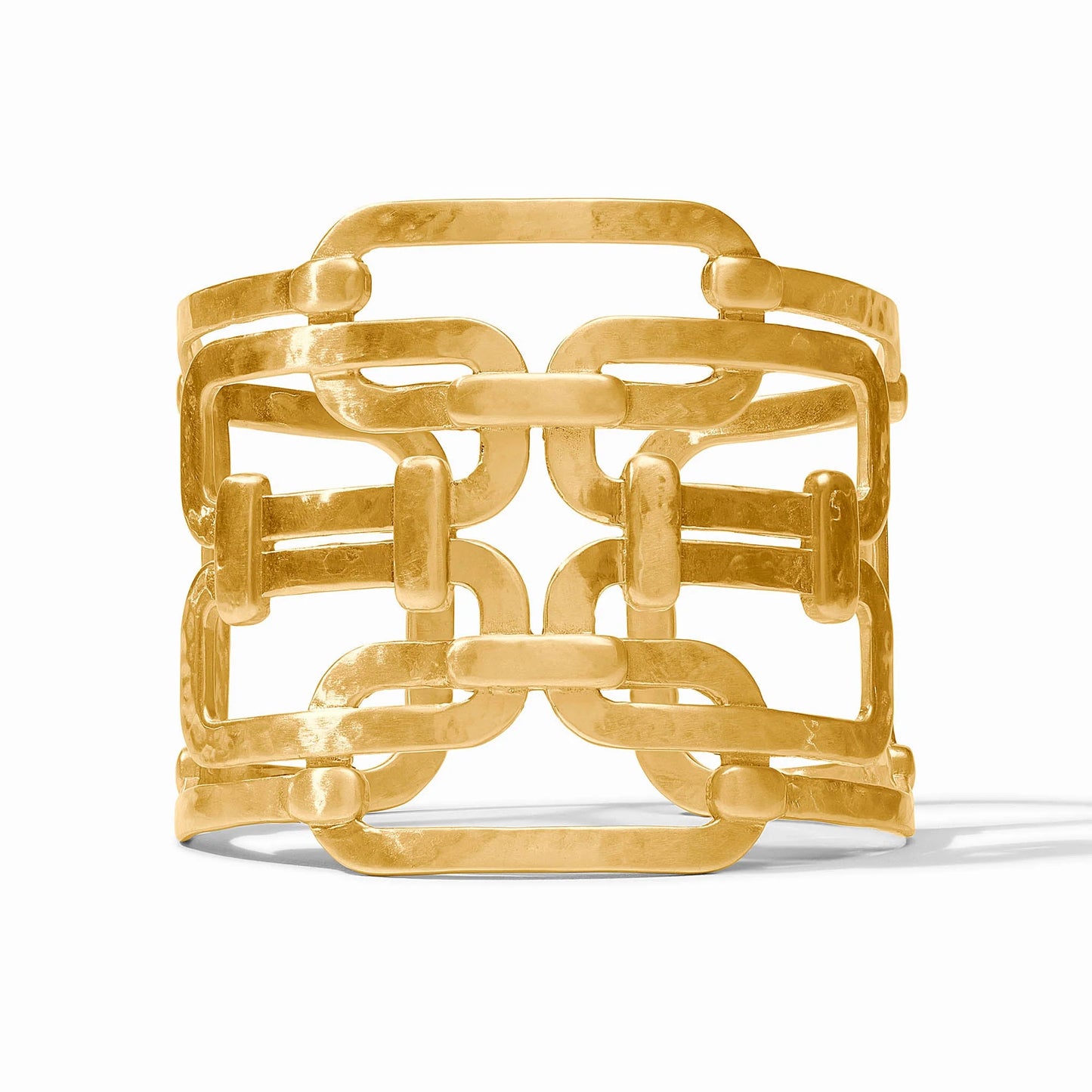 Wide gold cuff with openwork interlocking rectangular links, polished and subtly hammered finish. Available in S, M, L sizes.