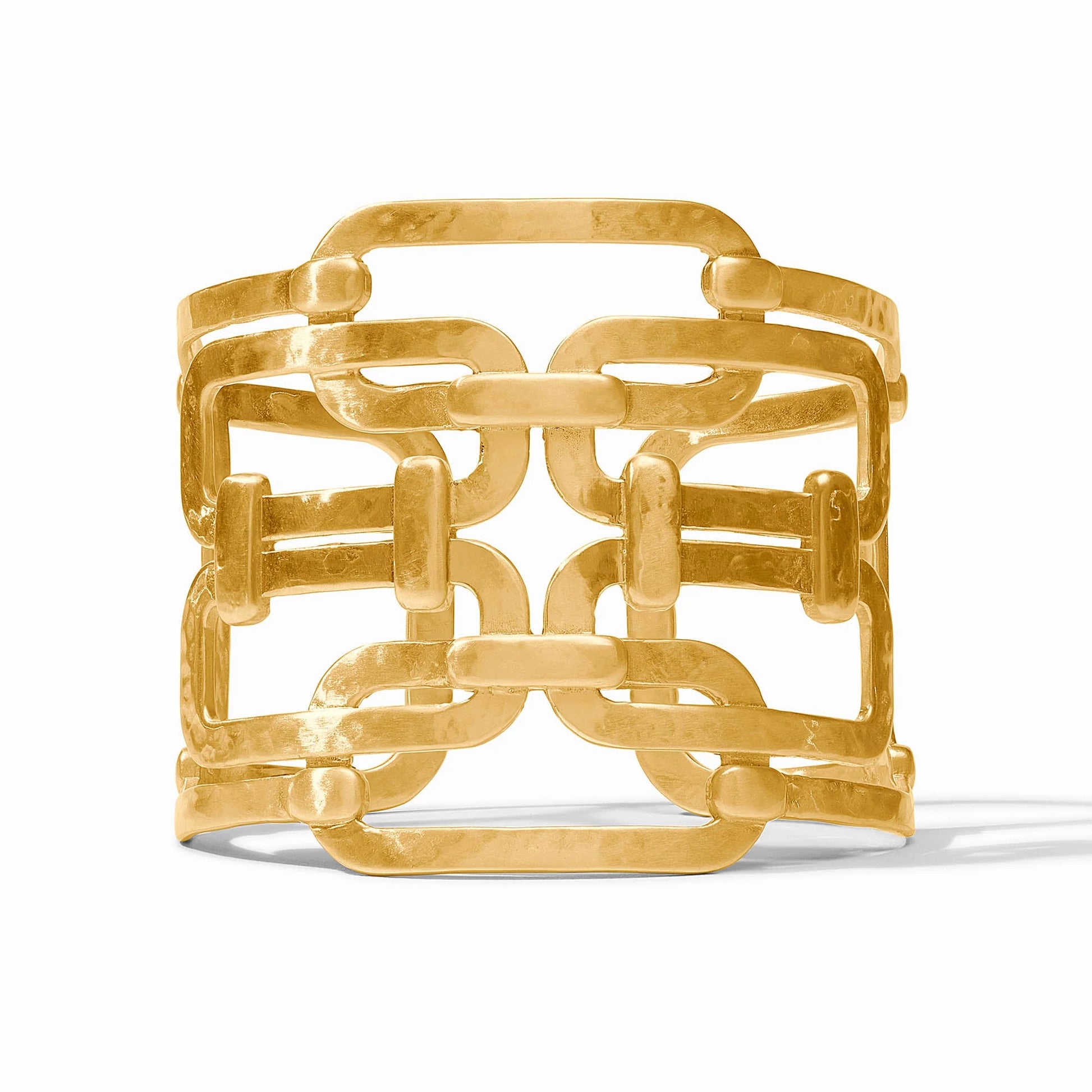 Wide gold cuff with openwork interlocking rectangular links, polished and subtly hammered finish. Available in S, M, L sizes.
