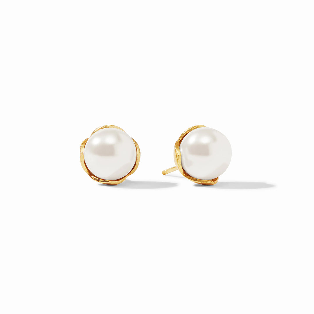 Penelope Pearl Stud earrings with large, round white pearls in simple gold settings; available sizes: 8mm, 10mm.