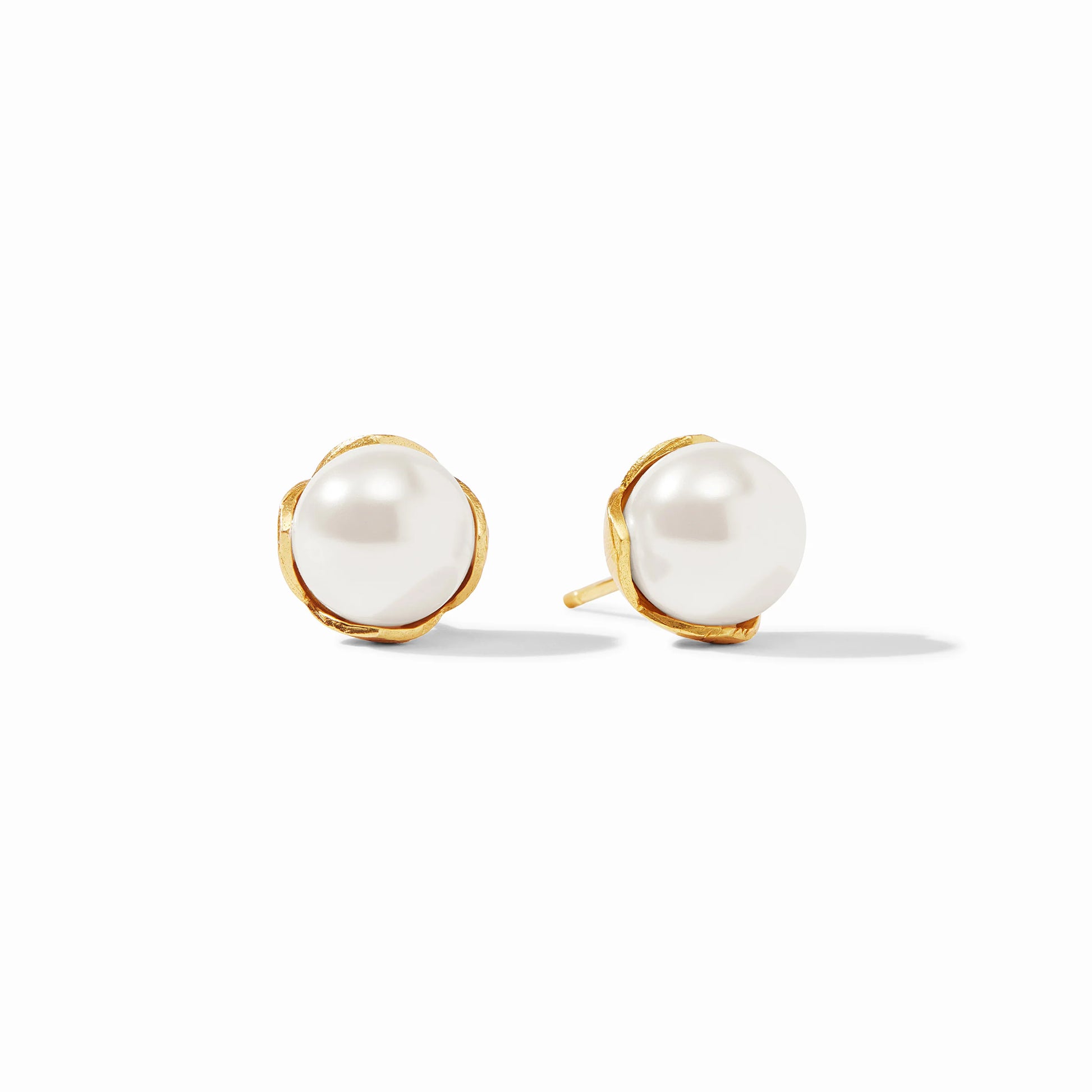 Penelope Pearl Stud earrings with large, round white pearls in simple gold settings; available sizes: 8mm, 10mm.