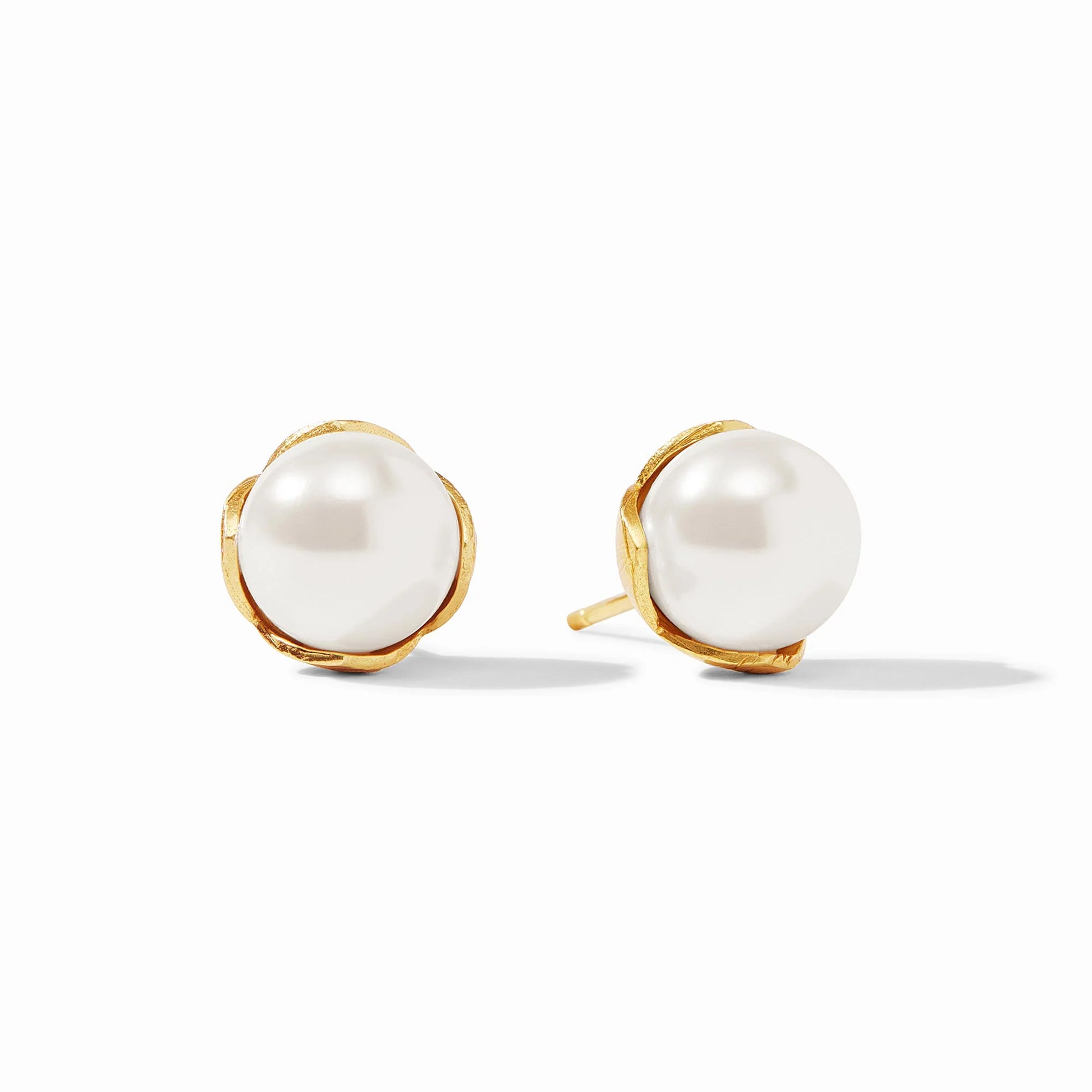 Penelope Pearl Stud earrings with large round white pearls, available in multiple sizes.