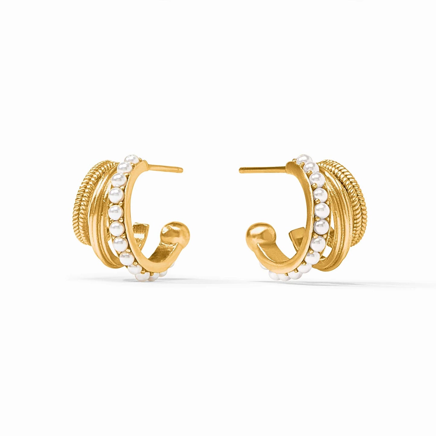 24K gold-plated triple hoop earrings with textured details and small shell pearls on the front edge. Available sizes: small, medium, large.
