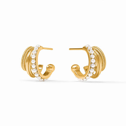 24K gold-plated triple hoop earrings with textured details and small shell pearls on the front edge. Available sizes: small, medium, large.