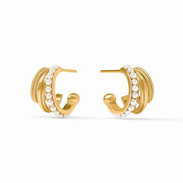 24K gold-plated triple hoop earrings with textured details and small shell pearls on the front edge. Available sizes: small, medium, large.