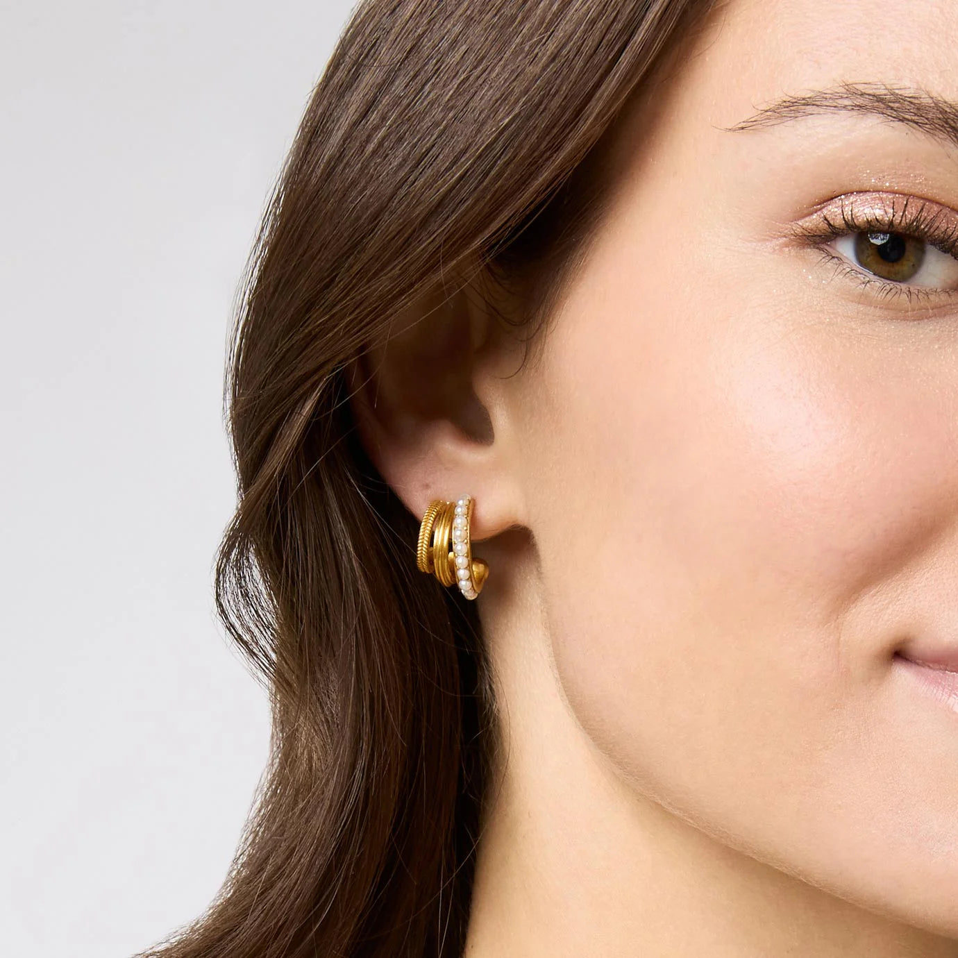 Hydra Gold Triple Hoop - Pearl earrings featuring 24K gold plating and a simple, elegant design. Available in small size.