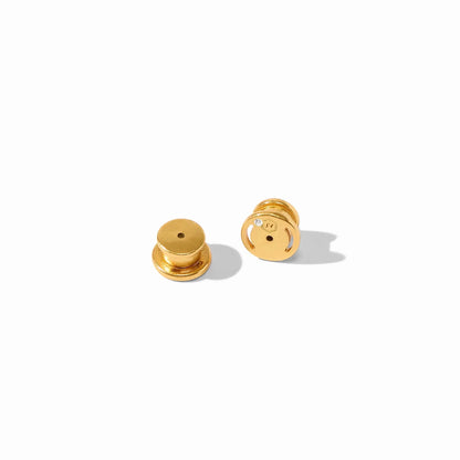 Two small round 24K gold-plated earring backs for the Hydra Gold Triple Hoop - Pearl, each with a clear stone. Available in multiple sizes.