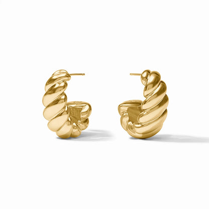 Shiny 24K gold plated twisted hoop earrings with a chunky spiral design for pierced ears; available in multiple sizes.