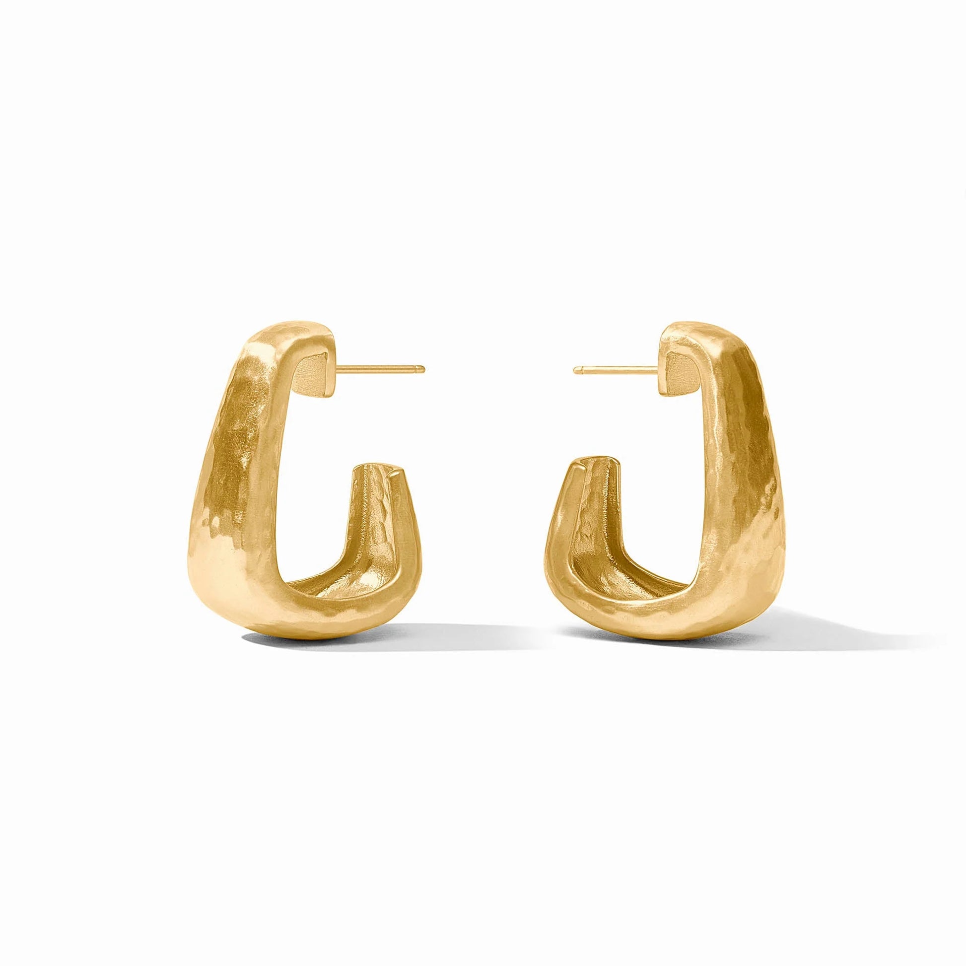 Chunky geometric gold hoops with a hammered texture in open rectangle shapes, crafted in 24K gold plate for pierced ears. Available in medium size.