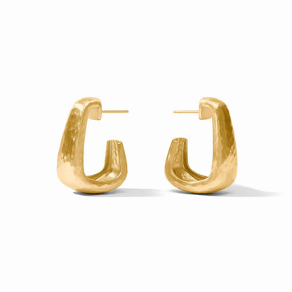 Chunky geometric gold hoops with a hammered texture in open rectangle shapes, crafted in 24K gold plate for pierced ears. Available in medium size.