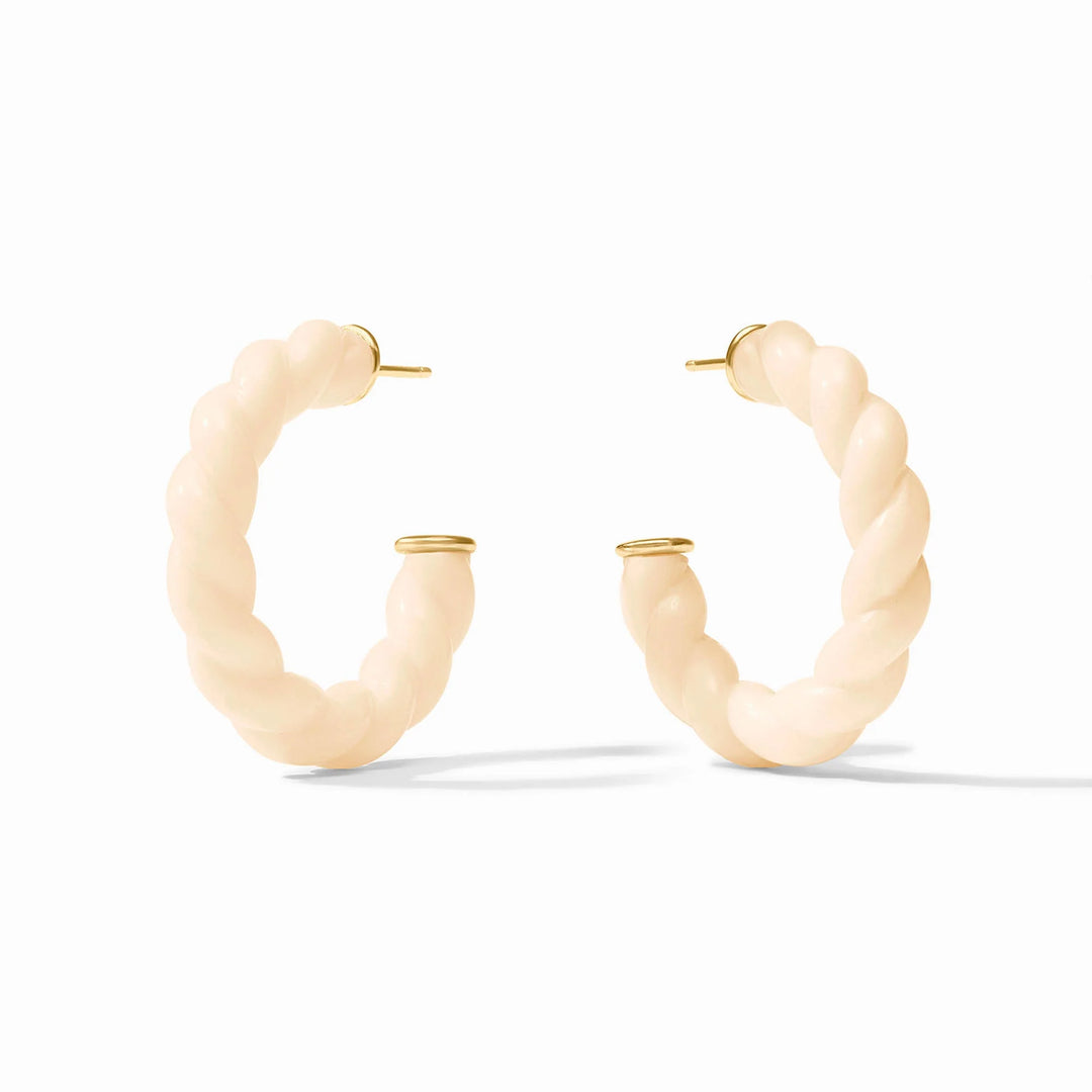 Cream-colored twisted hoop earrings with 24K gold-plated posts for pierced ears, available in multiple sizes.