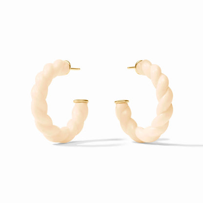 Cream-colored twisted hoop earrings with 24K gold-plated posts for pierced ears, available in multiple sizes.
