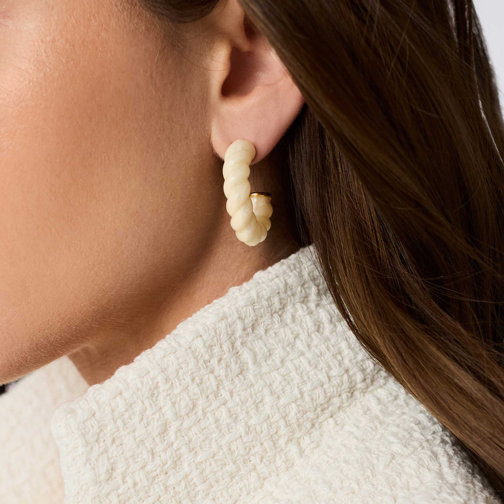 Ravello Hoop Gold Ivory earring with textured cream and gold-plated finish, available in small, medium, and large; for pierced ears.