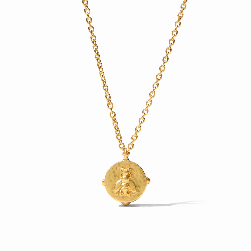 Honeybee Solitaire Necklace Gold with a round pendant featuring a delicate bee design in 24K gold plating. Available in multiple sizes.