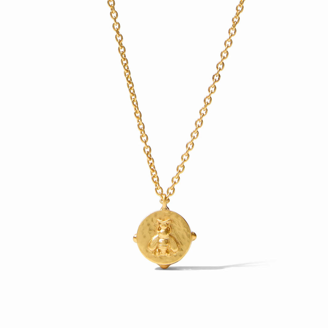 Honeybee Solitaire Necklace Gold with a round pendant featuring a delicate bee design in 24K gold plating. Available in multiple sizes.