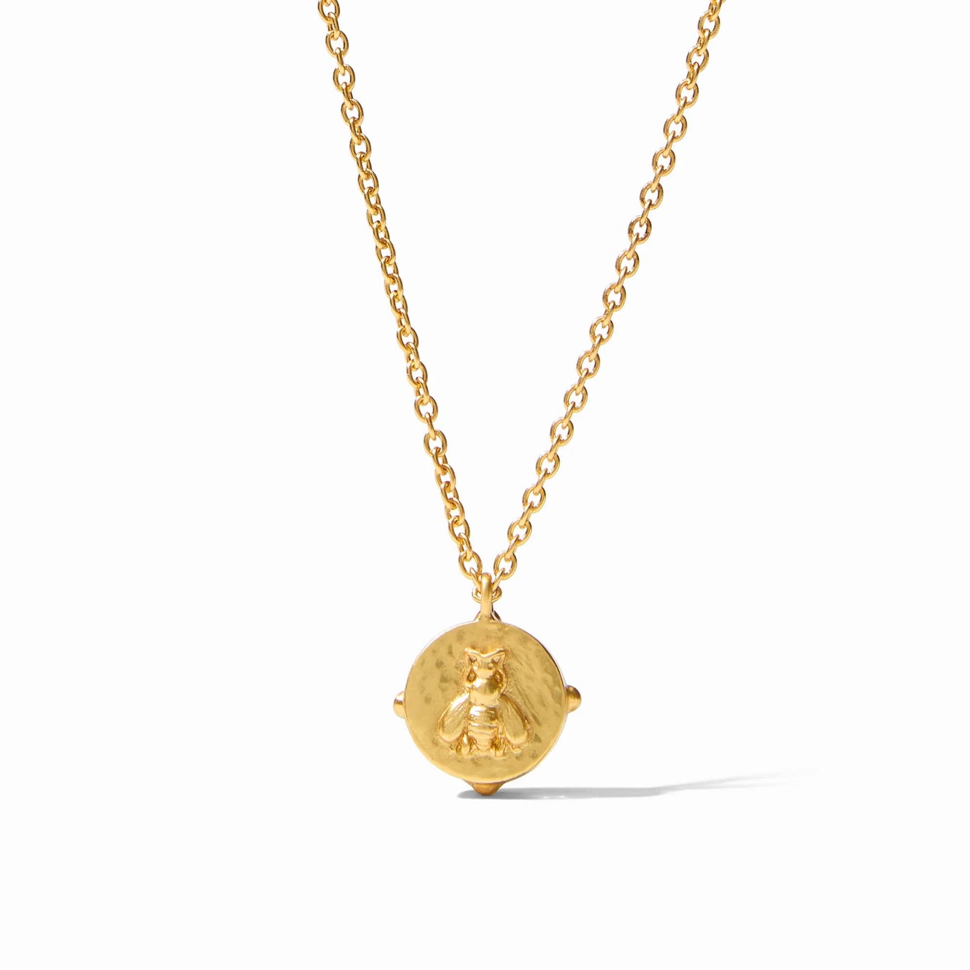 Honeybee Solitaire Necklace Gold with a round pendant featuring a delicate bee design in 24K gold plating. Available in multiple sizes.