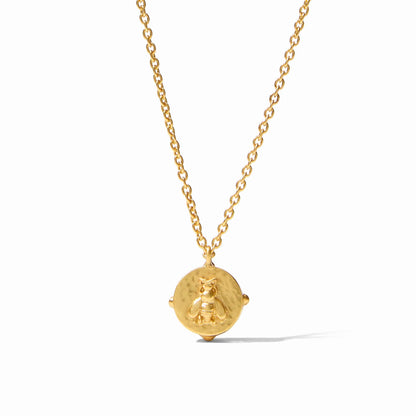 Honeybee Solitaire Necklace Gold with a round pendant featuring a delicate bee design in 24K gold plating. Available in multiple sizes.