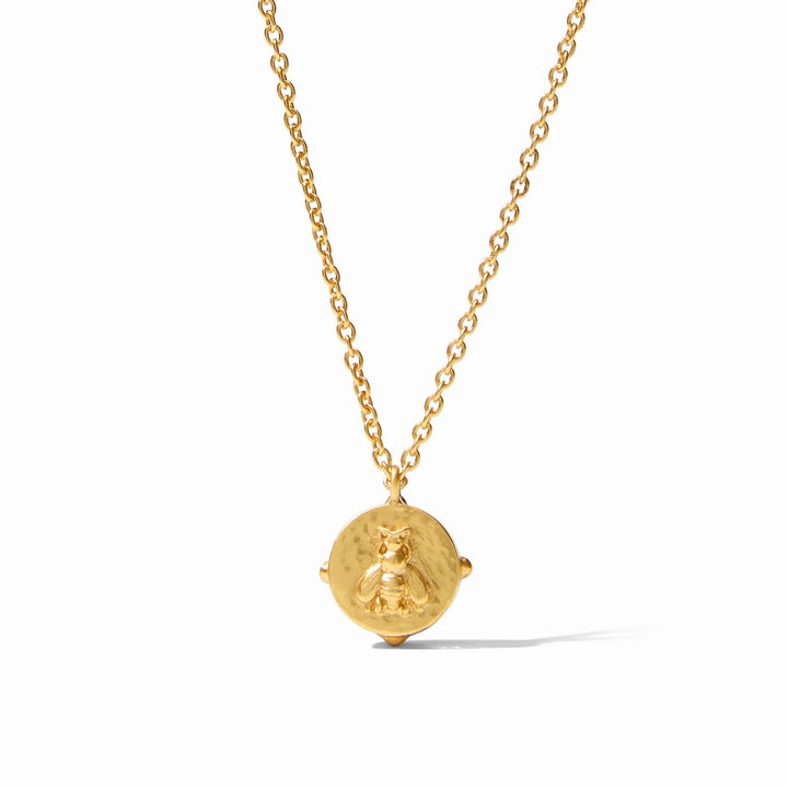 Honeybee Solitaire Necklace Gold with a round pendant featuring a delicate bee design in 24K gold plating. Available in multiple sizes.